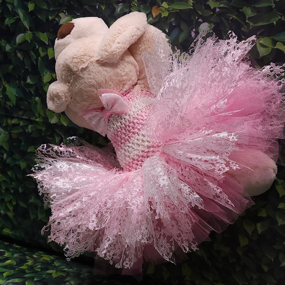 Handmade Puppy Tutu Dress – Pink White – Lace Bow – Small Dog – OOAK - Picture 3 of 15
